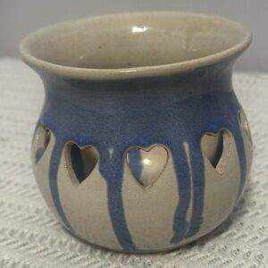 Studio pottery Blue and Cream Heart Cutout Ceramic candle holder
